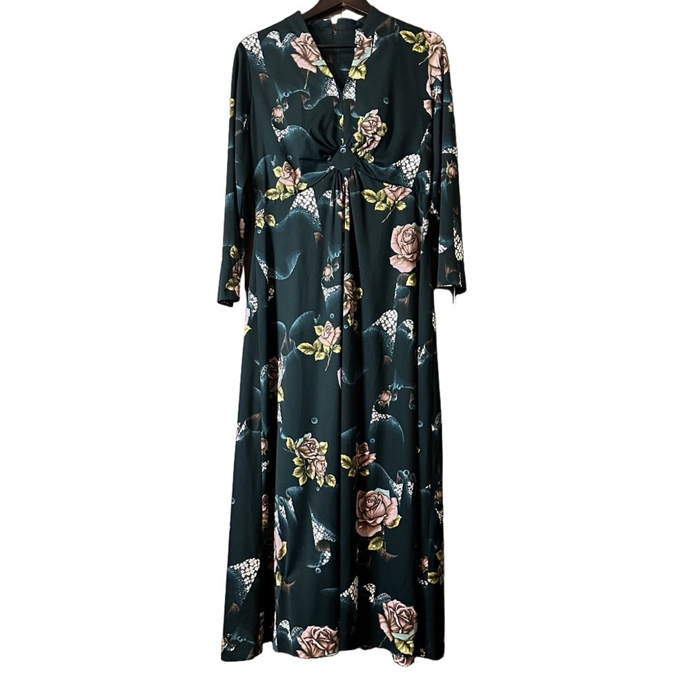 Vintage Dress Town Original Green Pink Floral V-Neck Long Sleeve Maxi Sundress M
